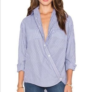 Vince Poplin Stripe Crossover Button Up in Blue & White Stripe